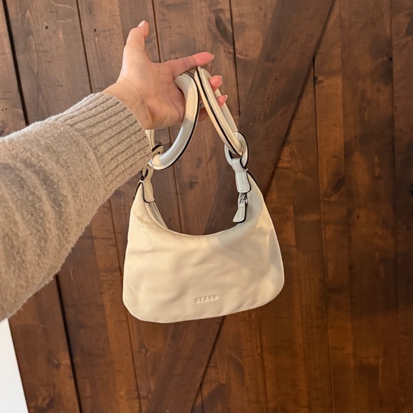 STAUD Cream Leather Clutch with Circular Handles - Picture 2 of 6